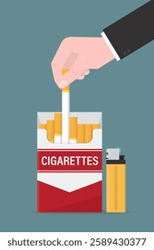 Smoker hand take cigarette from package. Cigarette pack and lighter. Bad addiction, tobacco and nicotine product. Social issues. No smoking. flat vector illustration