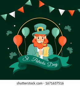 Smoker Leprechaun Man holding Beer Mug with Balloons, Shamrock Leaves and Bunting Flag Decorated on Green Background for St. Patrick's Day Celebration.