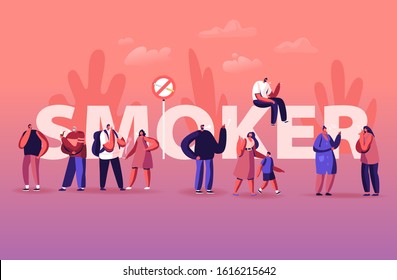 Smoker And Smoking Addiction Concept. Young And Old People Smoke Cigarettes And Pipe In Public Place. Male And Female Characters Bad Habit Poster Banner Flyer. Cartoon Flat Vector Illustration