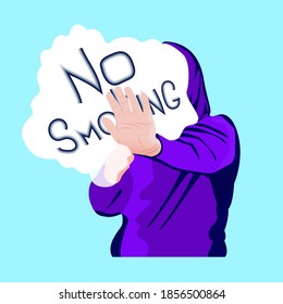 A smoker through the smoke with an outstretched hand warns about the dangers of Smoking. The sign calls for no Smoking.
