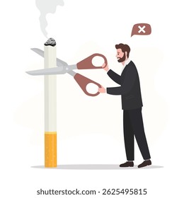 Fumante usa tesoura e corte cigarro gigante, recusa de fumar. Cliente rejeitando cigarro oferecido. Acabe com o vício ruim e o hábito insalubre. Pare de fumar, estilo de vida saudável. ilustração vetor plana