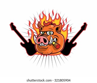 smoker wild hog boar pig cattle head guitar on fire cartoon image icon
