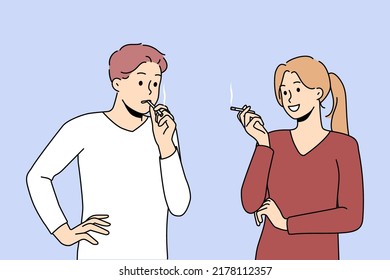 Smokers couple talking suffer from nicotine addiction. People with cigarettes smoking outside. Bad habit and healthcare. Vector illustration. 