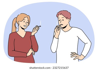 Smokers couple talking suffer from nicotine addiction. People with cigarettes smoking outside. Bad habit and healthcare. Vector illustration.