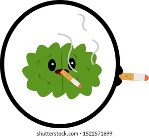 smoker's green brain with a cigarette in his mouth concept for addiction and health damage object on white background
