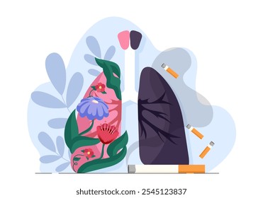 Concepto de pulmones de fumadores. Pulmón florido y pulmón negro. Estilo de vida poco saludable y malos hábitos. Adicción al tabaco y la nicotina. Ilustración vectorial plana aislada sobre fondo blanco