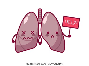 Smokers Lungs. Cute characters in kawaii style. Diseased organ, respiratory system. Vector illustration. Health problems. For sticker, books, design element. Medical brochure template.