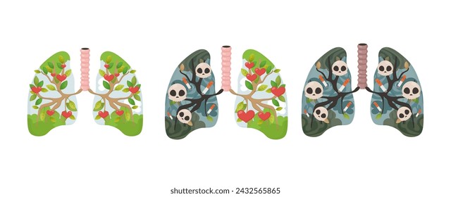 smoker's lungs, no tobacco day, giving up bad habits . lungs with green and with cigarette skulls