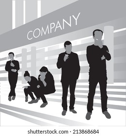 Smokers outside the company building. Vector illustration