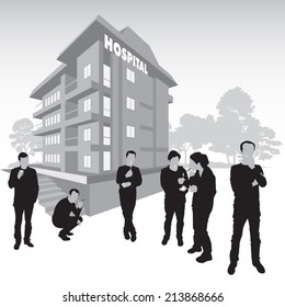 Fumadores fuera del edificio del hospital. Ilustración vectorial