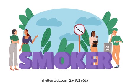 Smokers people banner. Men and women with cigarettes near industrial inscription. Unhealthy lifestyle and bad habits. Nicotine and tobacco addiction. Flat vector illustration