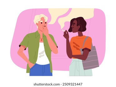 Smokers people concept. Man and woman with cigarettes talk with each others. Friends with bad habits and unhealthy lifestyle. Flat vector illustration isolated on white background