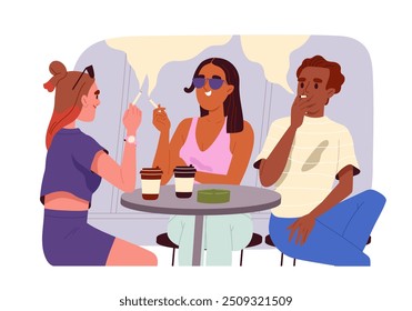 Smokers people concept. Man and woman with cigarettes sits at table. Friends with bad habits and unhealthy lifestyle. Poster or banner. Flat vector illustration isolated on white background