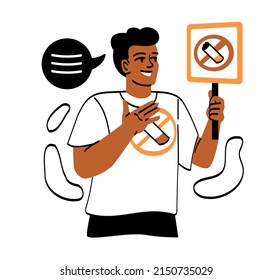 Smokers quiting smoke. Young guy in T shirt holds sign with crossed out cigarette, activist takes care of his health. Rally or prosess, fight against bad habits. Cartoon flat vector illustration