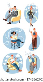 Smokers set. Man, woman smokes cigarette, cigar, pipe, hookah. Tobacco addiction, bad habit, social problem, unhealthy lifestyle, toxic, harmful of health concept. Vector character illustrations
