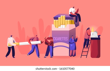 Smokers and Smoking Addiction Concept. Young and Old People Smoke near Huge Cigarettes Box, Senior with Pipe in Public Place. Male and Female Characters Have Bad Habit. Flat Vector Illustration