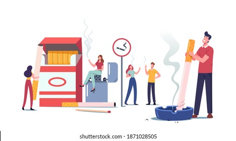 Smokers and Smoking Addiction Concept. Young Tiny People Smoke near Huge Cigarettes Box and Lighter in Public Place. Male and Female Characters Bad Habit, Man with Ashtray. Cartoon Vector Illustration