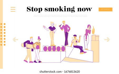 Smokers and Smoking Addiction Landing Page Template. People Smoke near Huge Cigarettes Box. Young Man with Pipe in Public Place. Male and Female Characters Have Bad Habit. Linear Vector Illustration