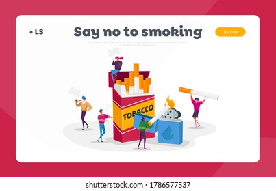 Smokers and Smoking Addiction Landing Page Template. Tiny People Smoke near Huge Cigarettes Box and Lighter in Public Place. Addict Male and Female Characters Bad Habit. Cartoon Vector Illustration