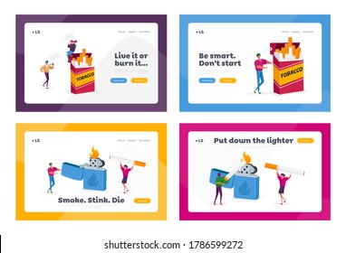 Smokers and Smoking Addiction Landing Page Template Set. Tiny People Smoke at Huge Cigarettes Box and Lighter in Public Place. Addict Male and Female Characters Bad Habit. Cartoon Vector Illustration