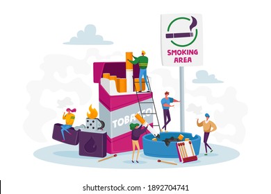 Smokers in Smoking Area Concept. Young Tiny People Smoke near Huge Cigarettes Box and Lighter in Public Place. Addict Male or Female Characters Bad Habit, Man with Ashtray. Cartoon Vector Illustration