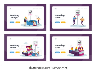 Smokers in Smoking Area Landing Page Template Set. Tiny People Smoke near Huge Cigarettes Box and Lighter in Public Place. Addict Characters Bad Habit, Man with Ashtray. Cartoon Vector Illustration