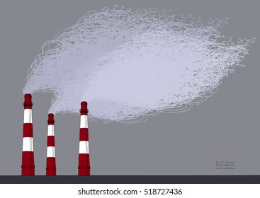 Smokestack on grey sky background. Illustration of air pollution caused by fume from factory and plant pipe, tube, trunk. Colored hand drawn ink vector sketch. Ecological collection.