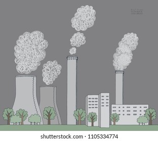 Smokestack on white background. Illustration of air pollution caused by fume from factory and plant pipe, tube, trunk. Coal station. Colored hand drawn vector sketch