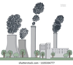 Smokestack on white background. Illustration of air pollution caused by black fume from factory and plant pipe, tube, trunk. Coal station. Colored hand drawn vector sketch