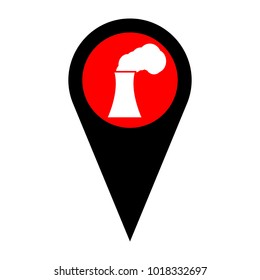 Smokestack sign illustration. Vector. Flat white icon in red circle at black marker on white background. Isolated.