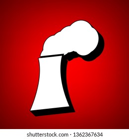 Smokestack sign illustration. Vector. Perspective view of white icon with black outline at reddish background.