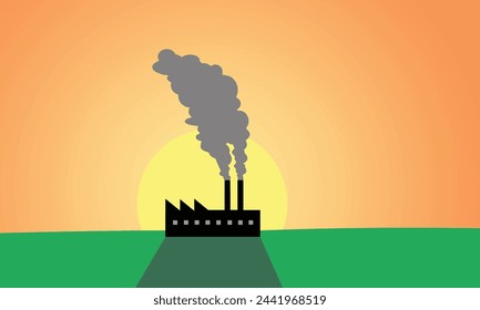 Las chimeneas de una fábrica o central eléctrica vierten la contaminación tóxica por humo en el cielo al atardecer o al amanecer, lo que representa el comienzo o el fin de la industrialización sucia.