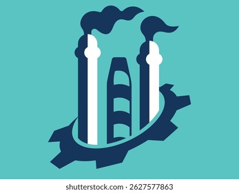 Smokestacks and gear on teal background