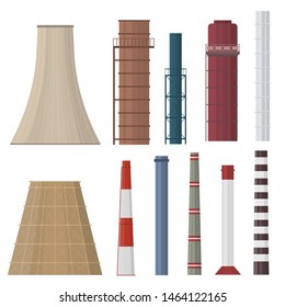 Smokestacks set in flat style. Factory chimney. Environmental pollution. Vector illustration.