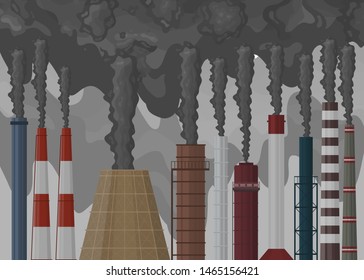 Smokestacks set in flat style. Factory chimney with black smoke. Environmental pollution. Dark dust backgroud. Vector illustration.