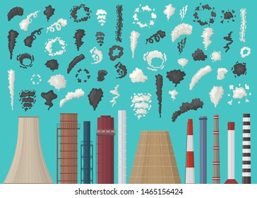 Smokestacks set in flat style. Factory chimney with black and white smoke. Environmental pollution. Dark dust backgroud. Vector illustration.