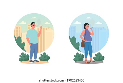 Smoking 2D vector web banner, poster set. Unhealthy lifestyle. Bad habit. Smoker flat characters on cartoon background. Tobacco addiction printable patch, colorful web element collection