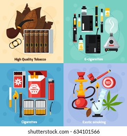 Smoking 2x2 design concept of exotic smoking usual and electronic cigarettes high quality tabasco flat compositions  vector illustration