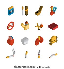 Smoking 3d isometric icon set with matches cigar pipe isolated vector illustration