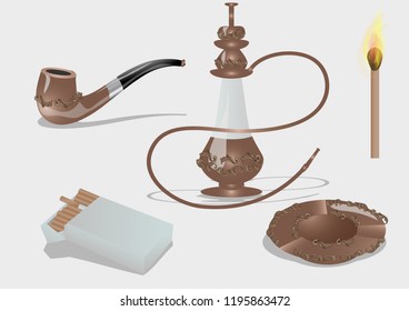 smoking accessories. cigarettes, hookah, pipe, ashtray, match.