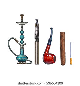 Smoking accessories - hookah, cigarettes, cigar and pipe, sketch vector illustration isolated on white background. Hand drawn smoking attributes such as hookah, electronic cigarette, cigar and pipe