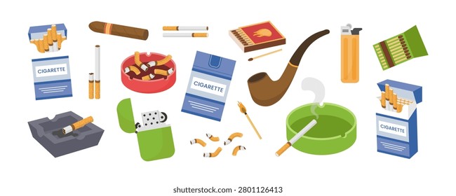 Smoking accessories set with cigarettes, lighter, matches and pipes tobacco.