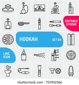 Smoking accessories set. Icons hookah, electronic cigarette in linear style. Vector illustration