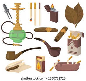 Juego de accesorios para fumadores. Hojas de tabaco, cigarrillos, narguile, cigarro, pipa, cenicero aislado en fondo blanco. Recopilación de ilustraciones vectoriales para drogas, adicción a la nicotina, concepto de hábito nocivo