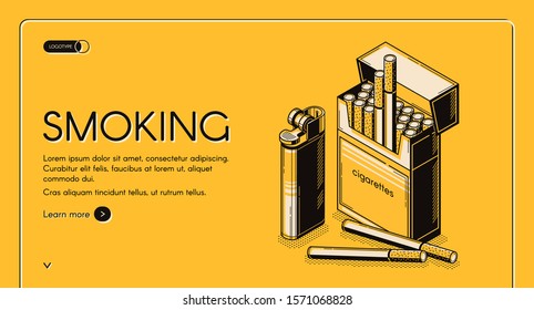 Smoking activity isometric landing page, cigarettes package and lighter set, tobacco nicotine product web banner design on yellow background. Bad unhealthy habit quit. 3d vector line artillustration