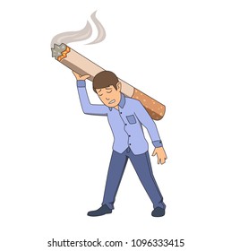 Smoking addict. Exhausted man dragging big cigarette on his back. Vector illustration. Isolated on white background.