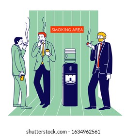 Smoking Addiction and Bad Unhealthy Habit Concept. Male Characters, Office Employee Stand at Water Cooler Drinking Coffee and Smoke Cigarettes Social Problem. Flat Vector Illustration, Line Art