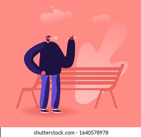 Smoking Addiction and Bad Unhealthy Habit Concept. Male Character Smoking Cigarette near Bench in Park. Addicted Man with Nicotine and Tobacco Product. Social Problem. Cartoon Flat Vector Illustration