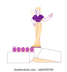 Smoking Addiction and Bad Unhealthy Habit Concept. Female Character Smoking Stand on Huge Cigarette Box. Addicted Woman with Nicotine and Tobacco Product, Social Problem. Linear Vector Illustration
