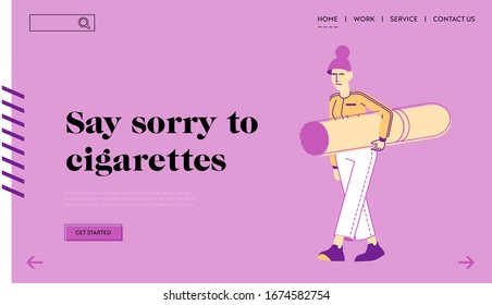 Smoking Addiction and Bad Unhealthy Habit Landing Page Template. Addict Female Character Carry Huge Cigarette in Hands. Addicted Woman with Nicotine and Tobacco Product. Linear Vector Illustration